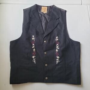 Wah Maker Vest Mens Large Black Wool Embroidered Western Cowboy Lined Floral